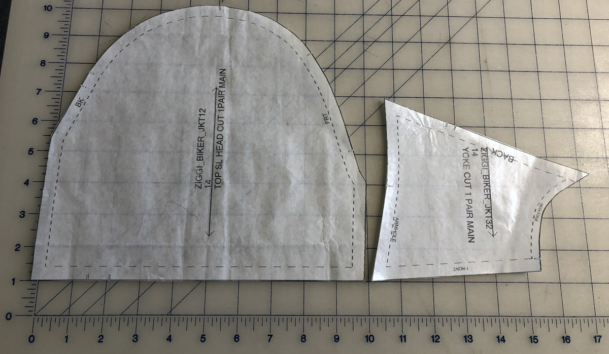 Upper sleeve and yoke pattern pieces lying on cutting mat
