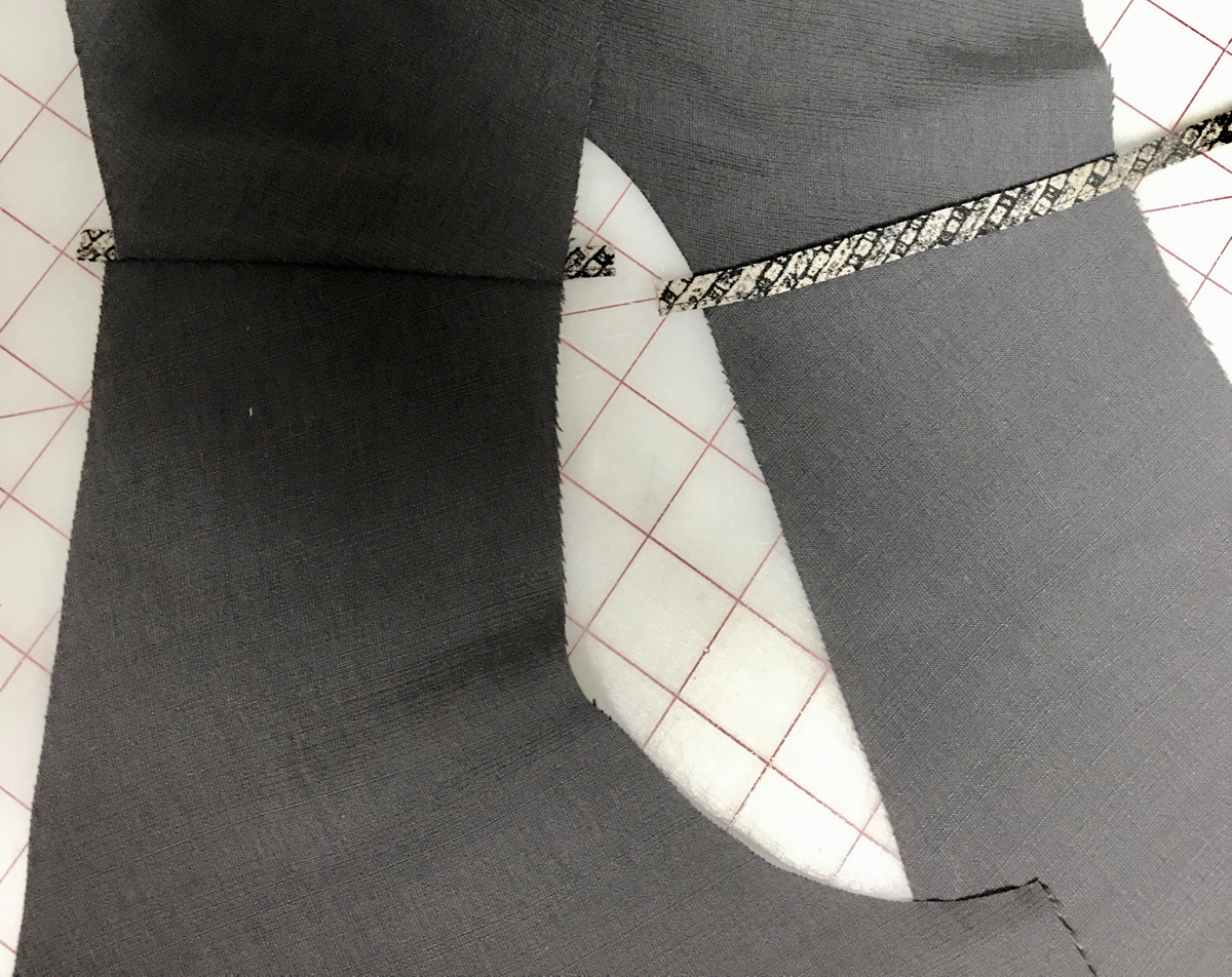 Binding sewn to fabric pieces