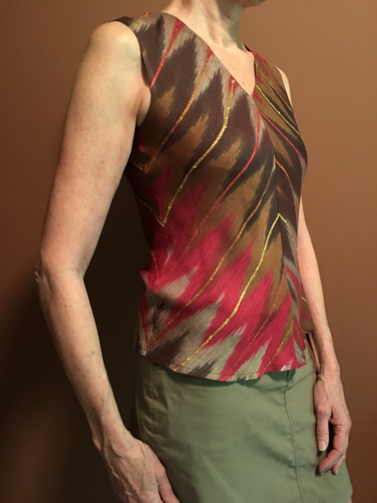 An at home fabric source--a no-longer-worn striped scarf--was turned into a sleeveless top