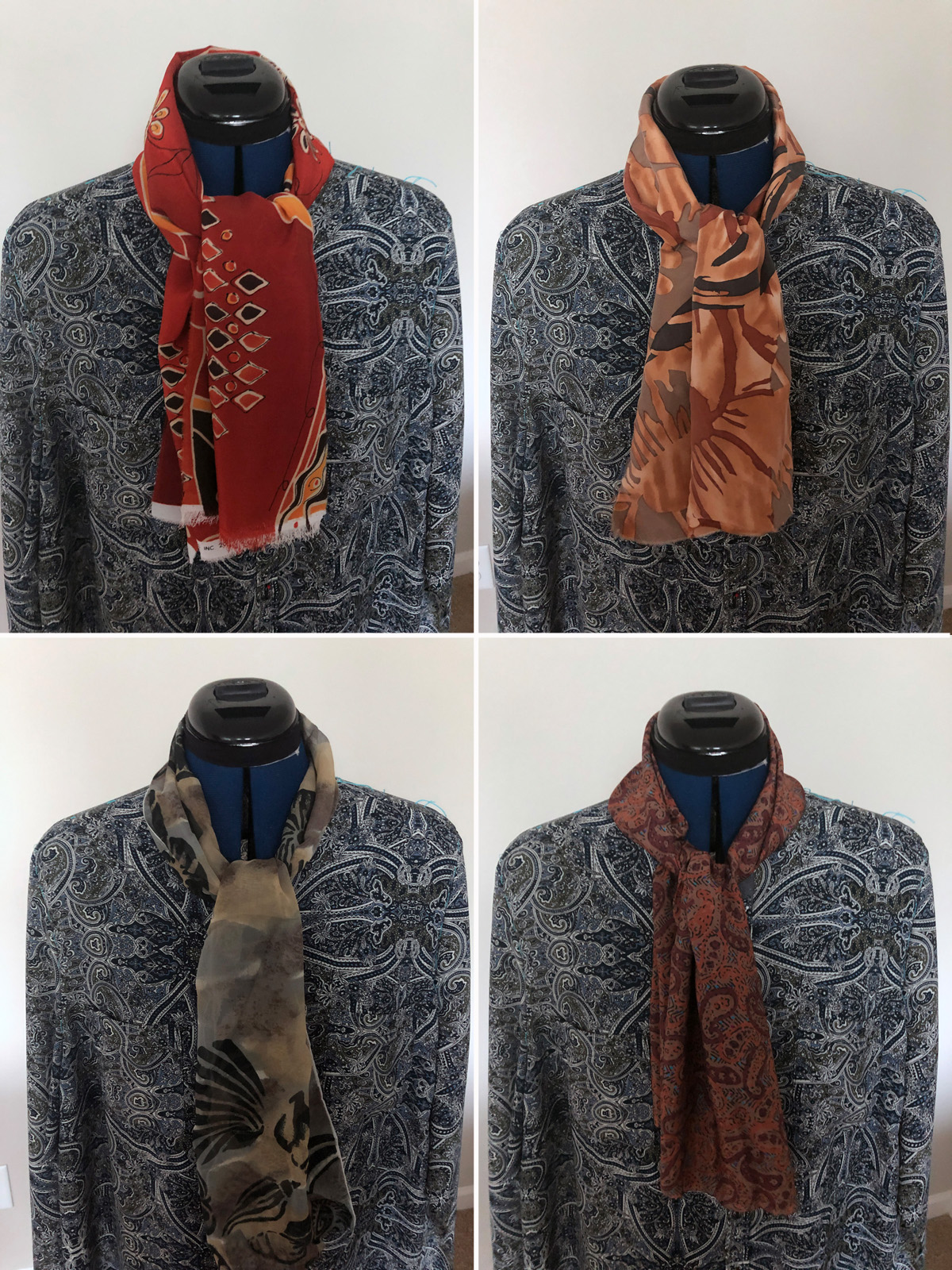 four neckline fabric options for blue paisley blouse