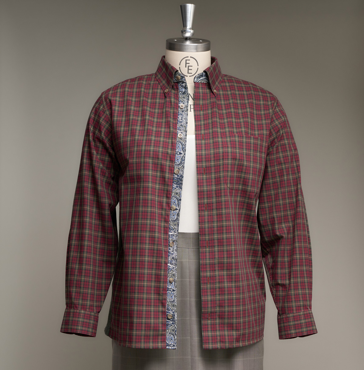 Finished red shirt front with appliqued placket