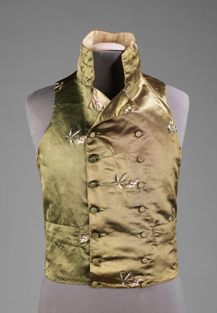 Double-breasted, embroidered satin waistcoat with high stand collar, 1800-1810.