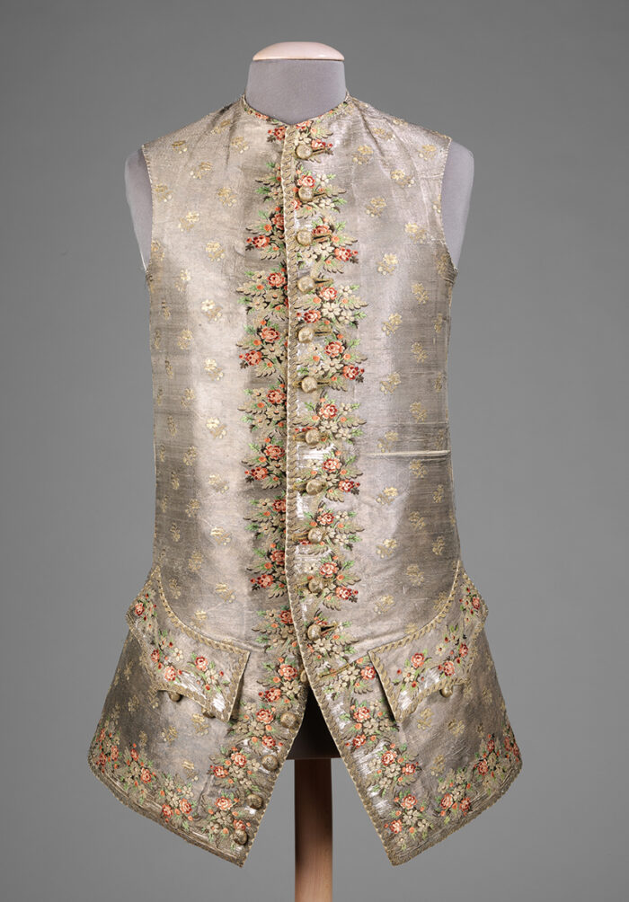 Silk and metallic thread waistcoat worn for formal occasions.
