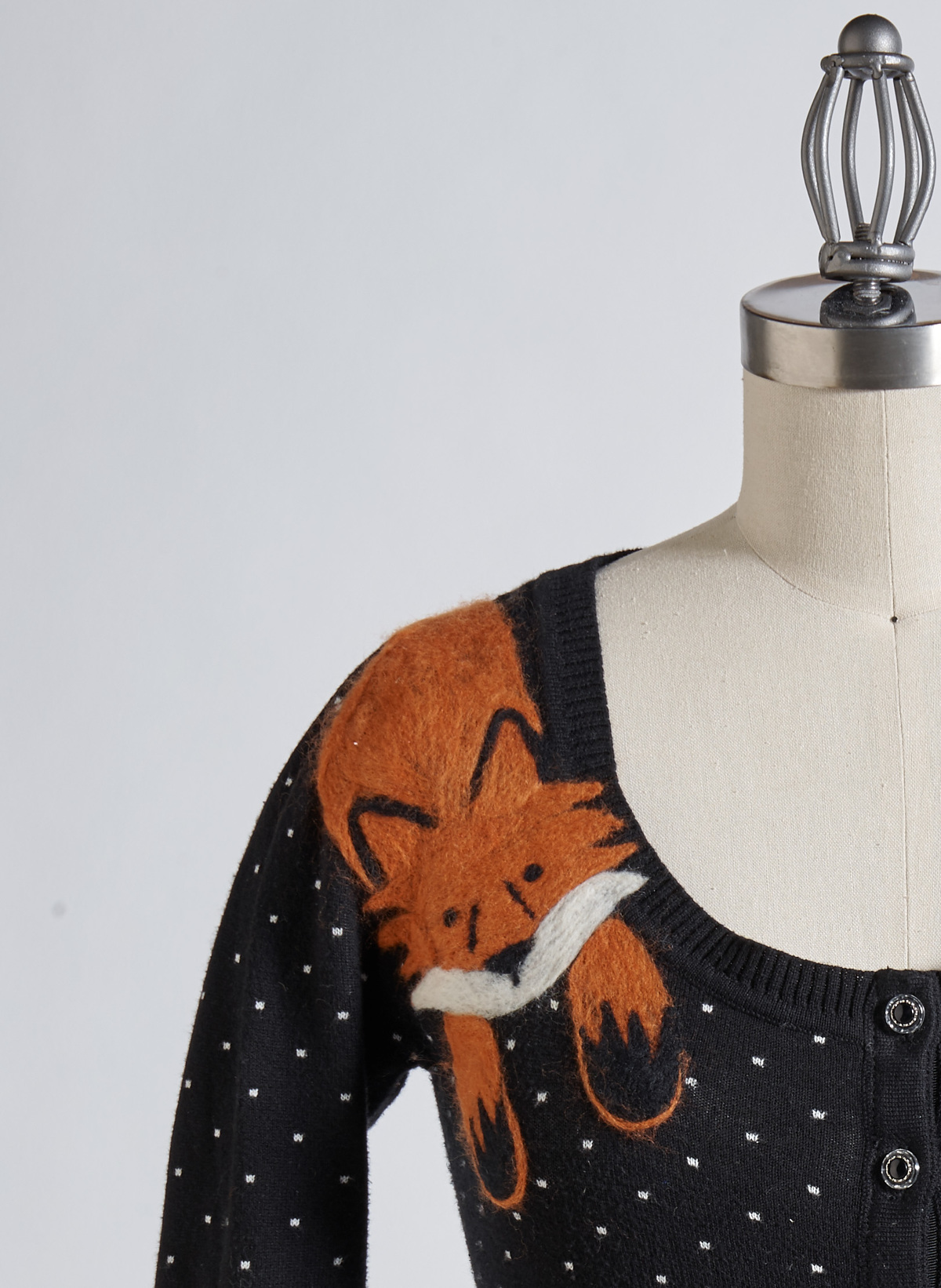 felted fox cardigan close-up